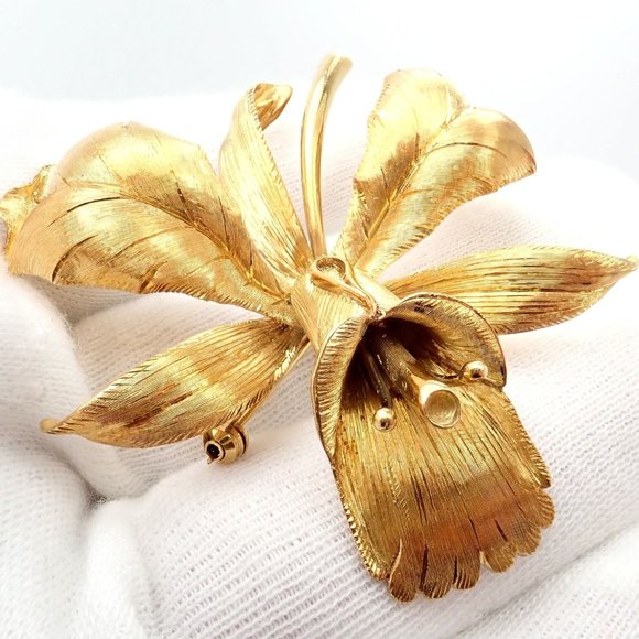 Vintage Tiffany & Co 18k Yellow Gold Large Orchid Calla Lily Pin Brooch 1950s - Picture 10 of 12